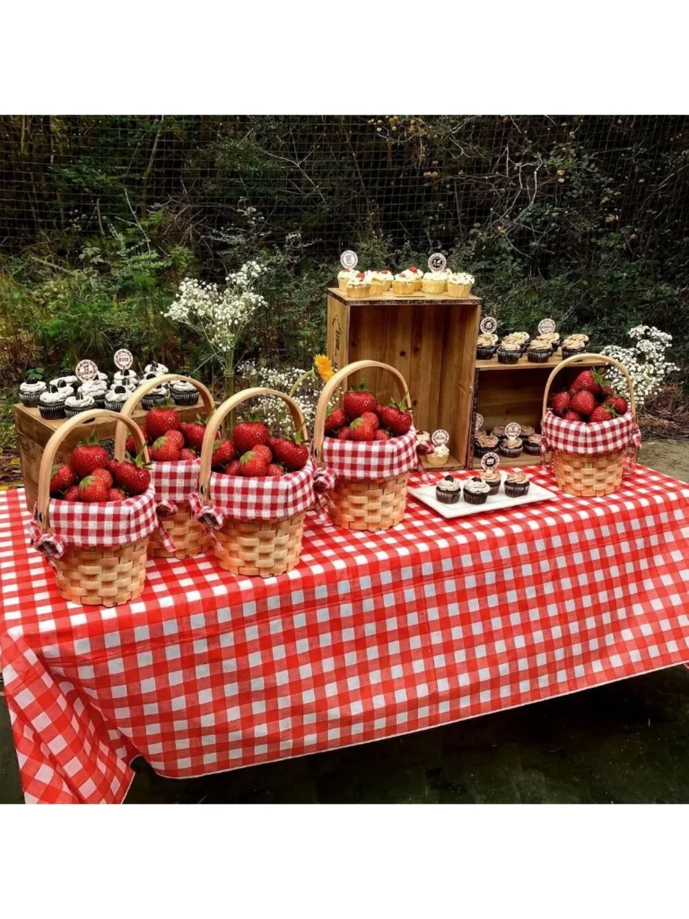 Set of 6 Mini Wooden Baskets with Handles - Red Plaid Decorative Storage Bins